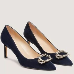 Stuart Weitzman Eloise 75 Pump Navy Suede Pointed Crystal-Buckle